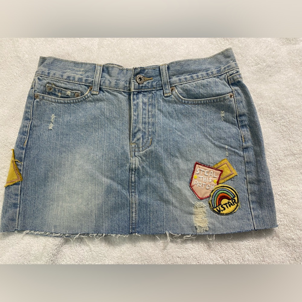 Vanilla Star denim jean mini skirt with patches y2k boho bohemian size 5
